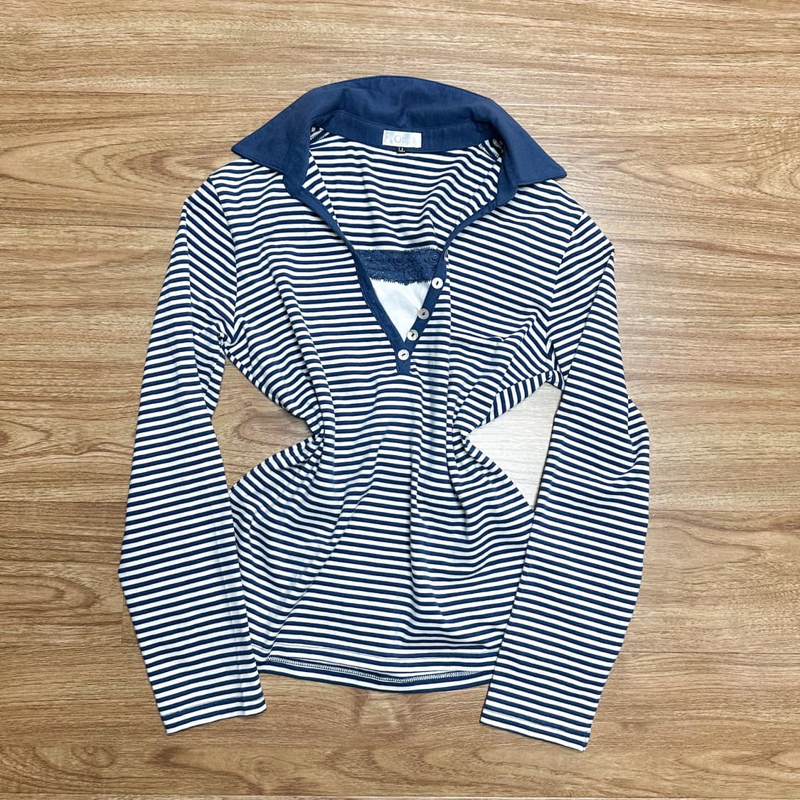 빈티지 스트라이프 레이스 레이어드 티셔츠 모리걸 코이세이오깔 긱시크 고딕 상품이미지1