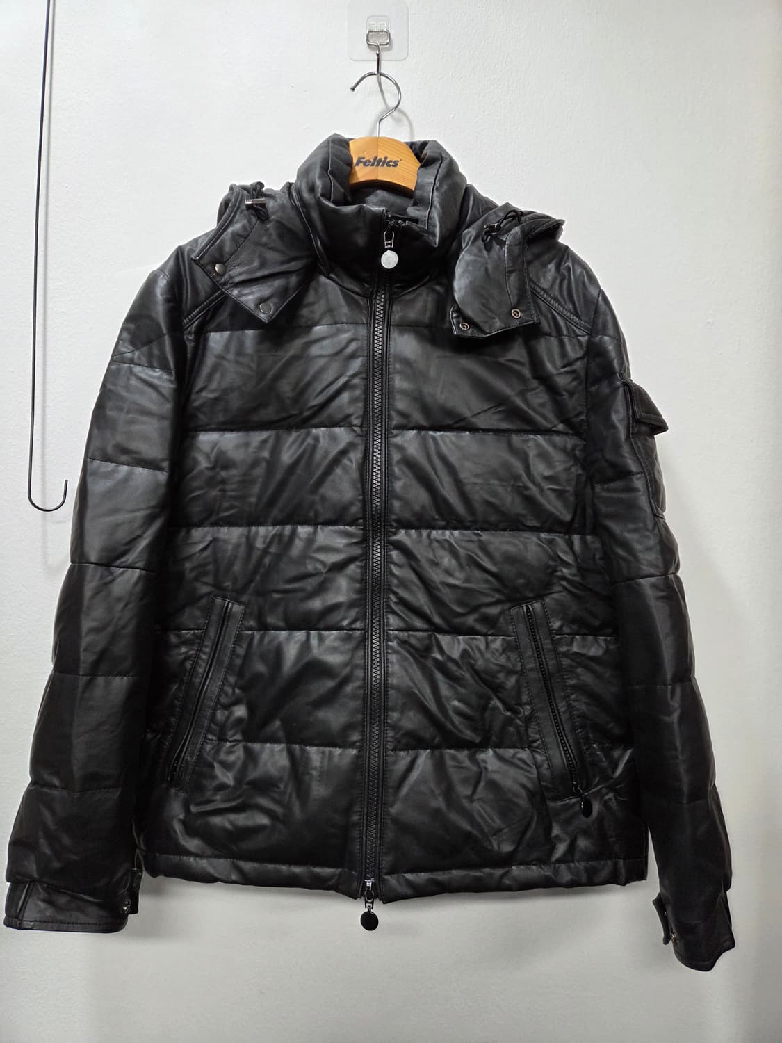 블랙 가죽 덕다운 패딩 점퍼 후드 탈부착 상품이미지1