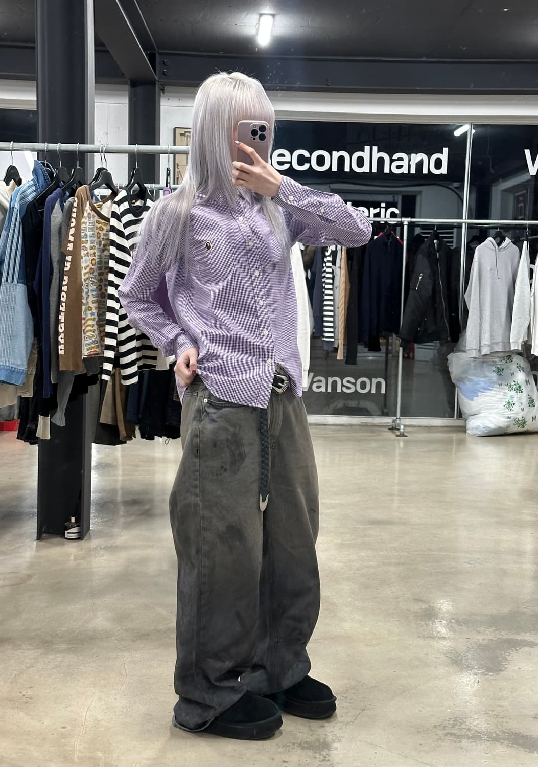 베이프 체크 버튼업 퍼플 셔츠 상품이미지1