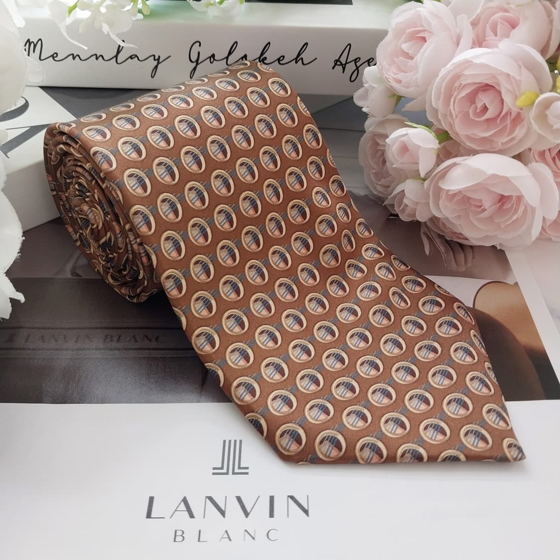 LANVIN 랑방 넥타이 브라운 패턴 9.3cm 새제품 K2140 
 상품이미지4