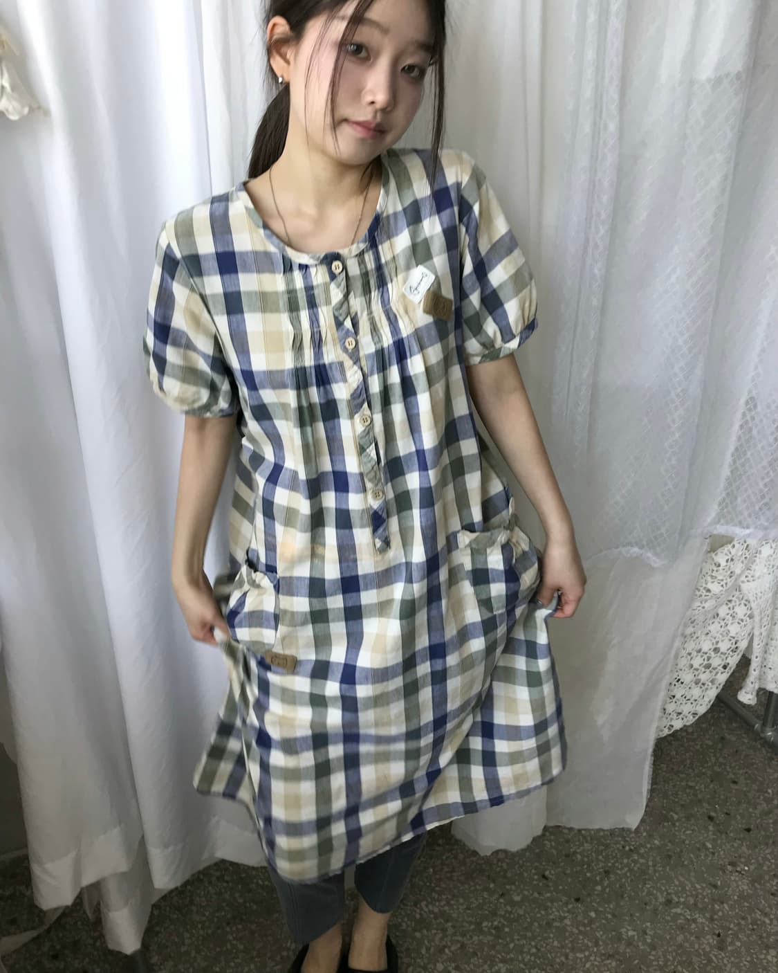 야옹이 체크 원피스  상품이미지1