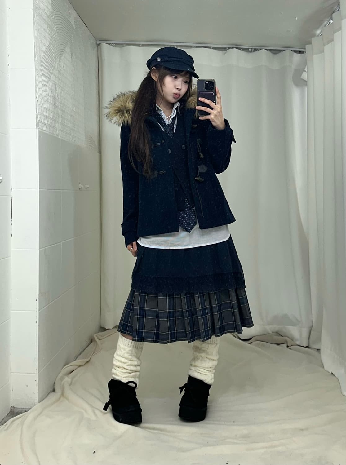 네이비 니혼진 프레피 떡볶이 코트 코디세트 상품이미지1