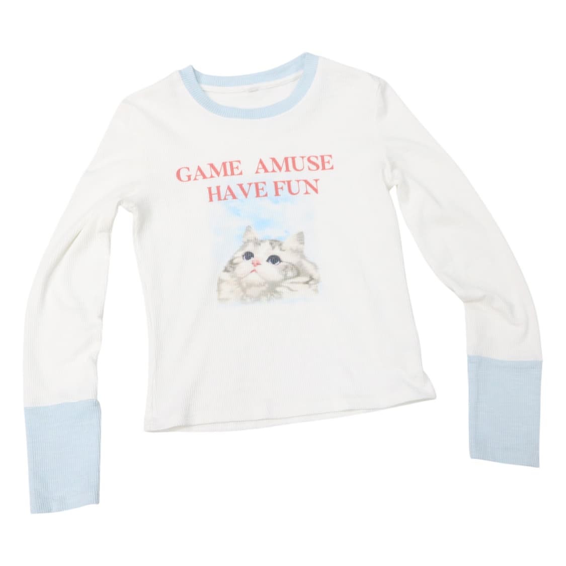 빈티지 캣 프린팅 배색 와플 긴팔 티셔츠 (M) 상품이미지1