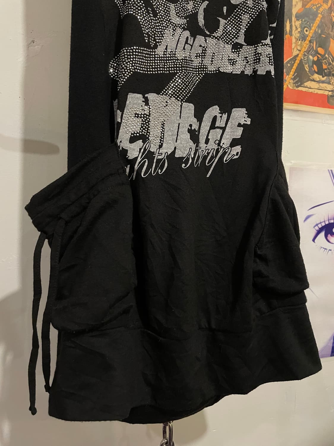 mkr 해골 스터드 레터링 포켓 블랙 후드 나시 원피스 펑크 상품이미지5