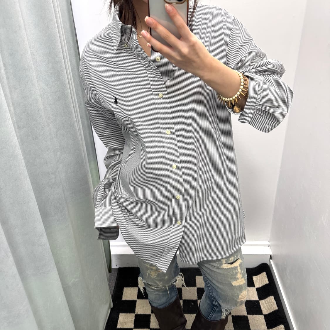 폴로 블랙화이트 스트라이프 슬림핏 코튼 셔츠 상품이미지2