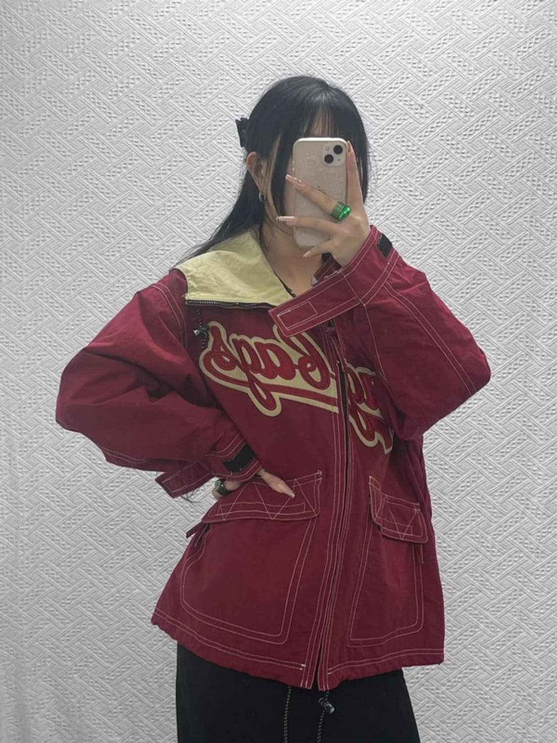 재팬 빈티지 올드스쿨 레트로 버건디와인 누빔 후드자켓 M C08261 상품이미지1