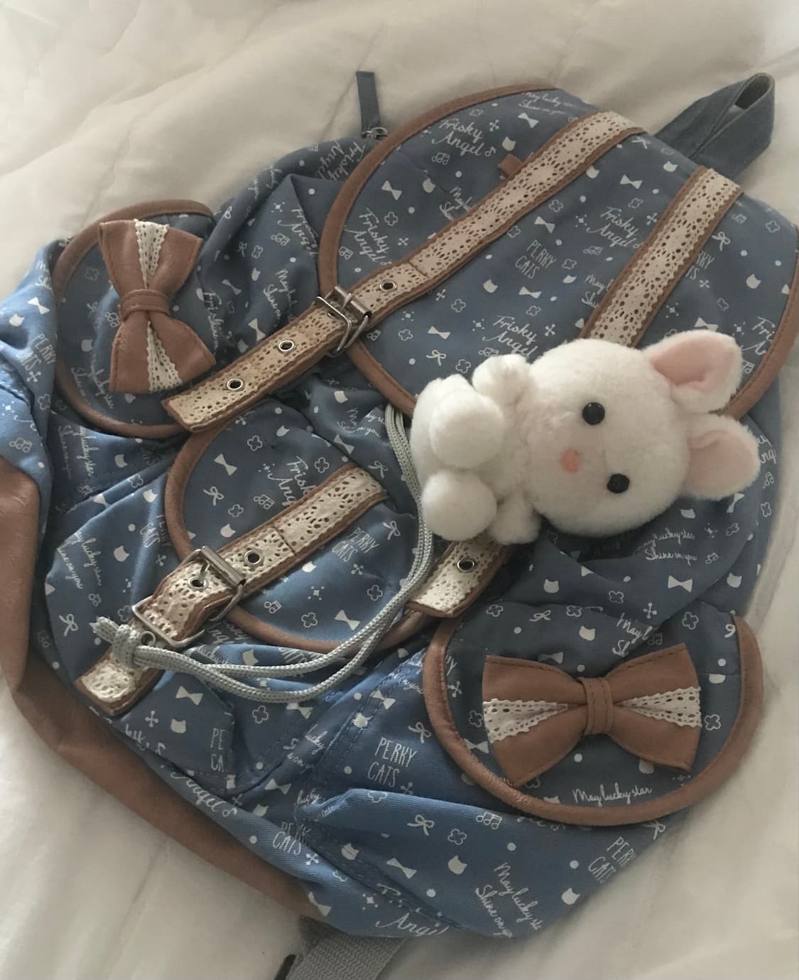모리걸 y2k 고양이 패턴 가방 리본 백팩 하늘색 빈티지 일본 헤이세이 상품이미지1