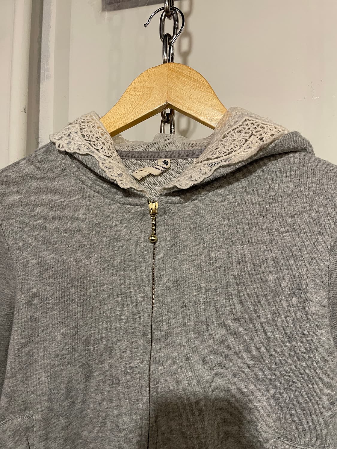 레이스 그레이 리본 포켓 크롭 후드집업 모리 러블리 상품이미지2