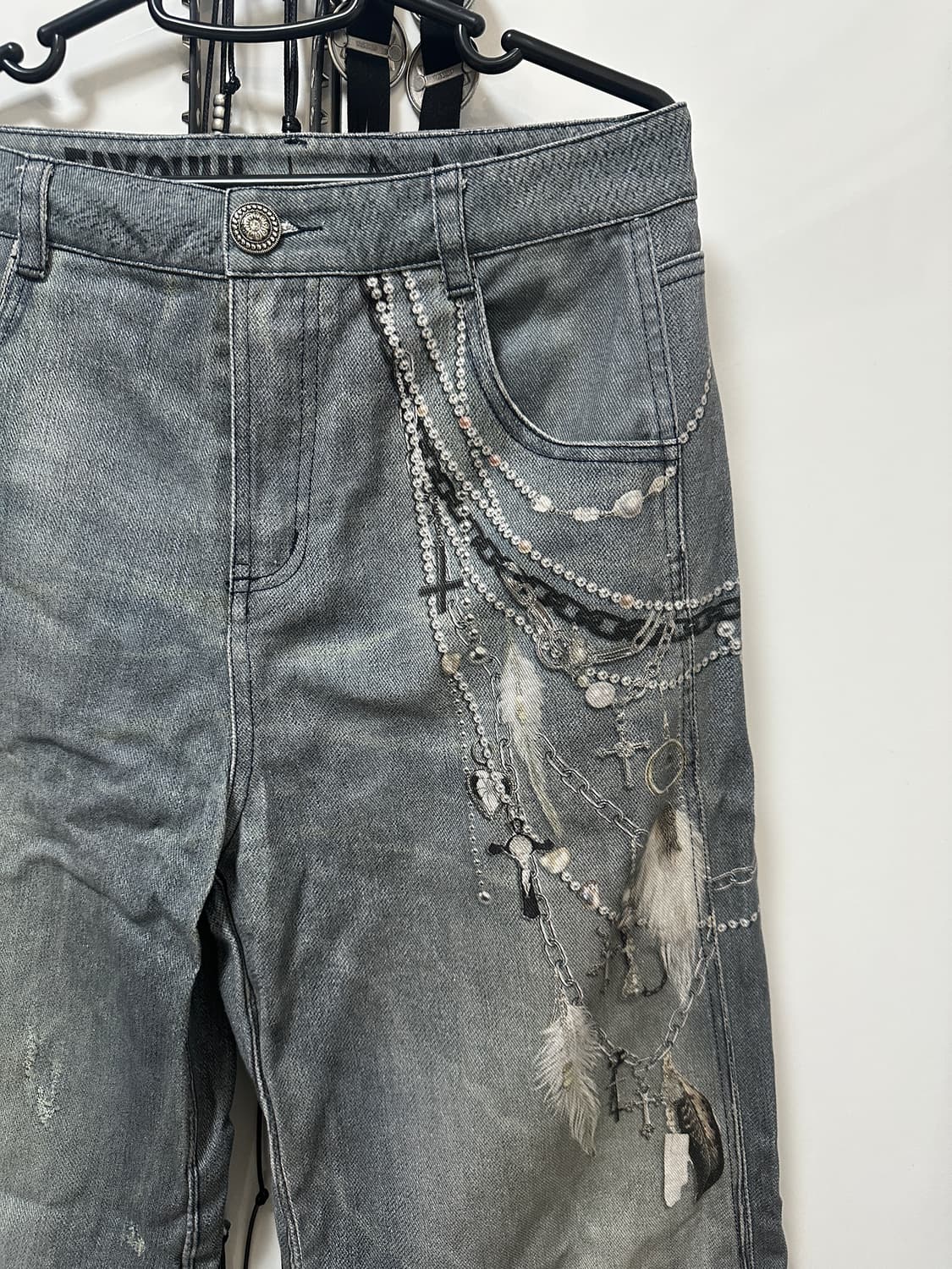 FayChui 데님 레트로 3D 진주 체인 프린팅 와이드 상품이미지4