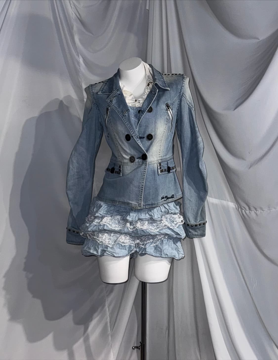 스터드 데님 화이트 캐주얼 히메 갸루 펑크 코디세트 상품이미지4