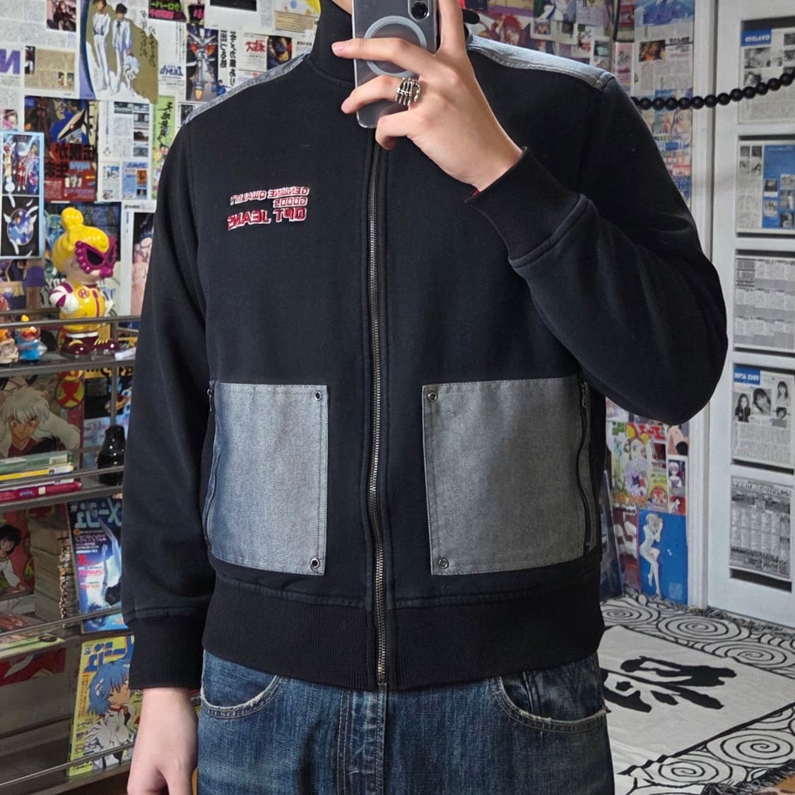 빈티지 실버 배색 자수 블랙 코튼 집업 상품이미지1