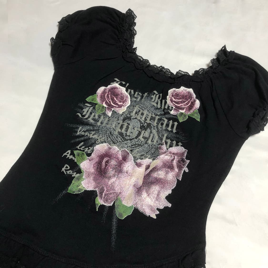 레스트로즈 장미 펑크 레터링 레이스 티셔츠 블랙 상품이미지2