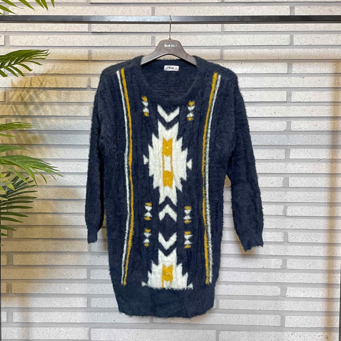 JPN VINTAGE 앙고라 롱 니트 아즈텍 패턴 디테일 네이비 상품이미지2