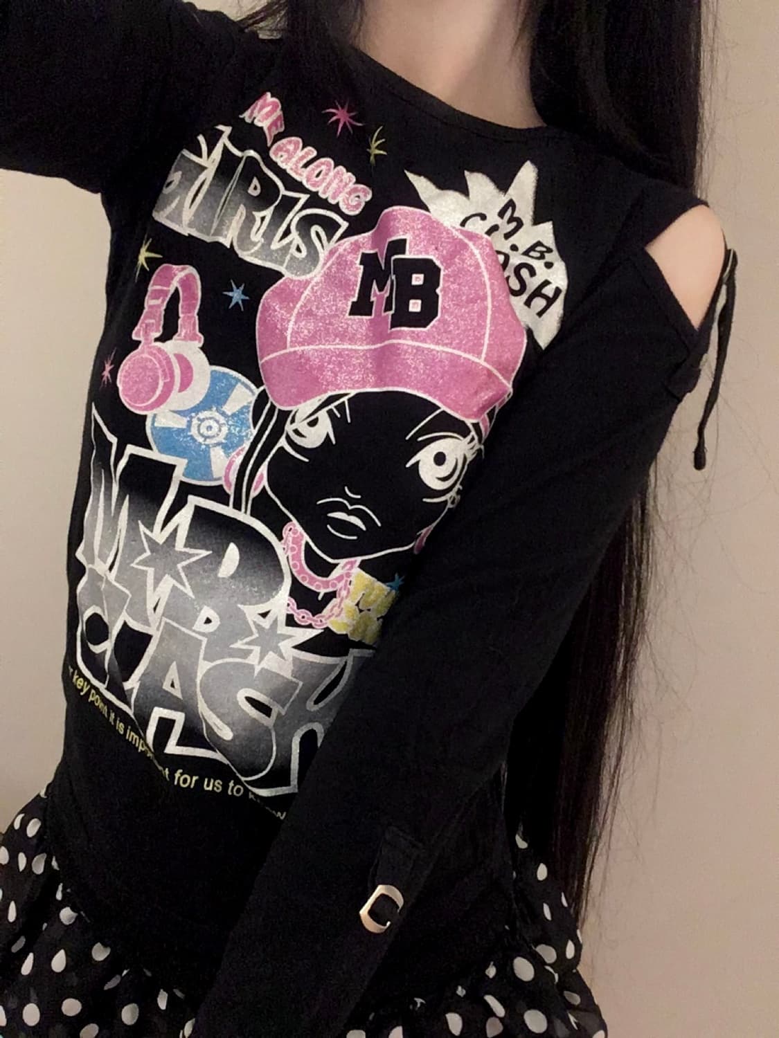헤이세이 블랙 글리터 프린팅 팝 y2k 롱슬리브 티셔츠 오네갸루 상품이미지2