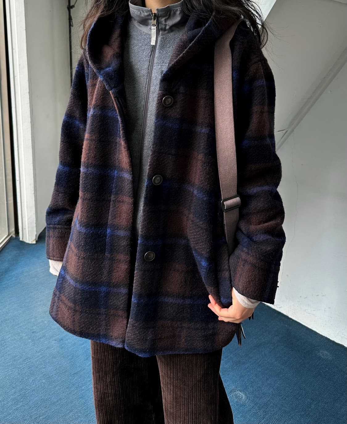 Felted wool blend hooded check coat 상품이미지6