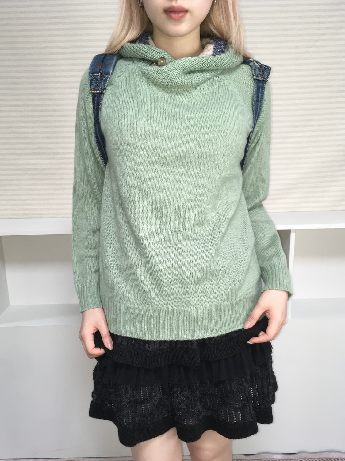 jpn vintage mint button stripe hood knit 상품이미지2