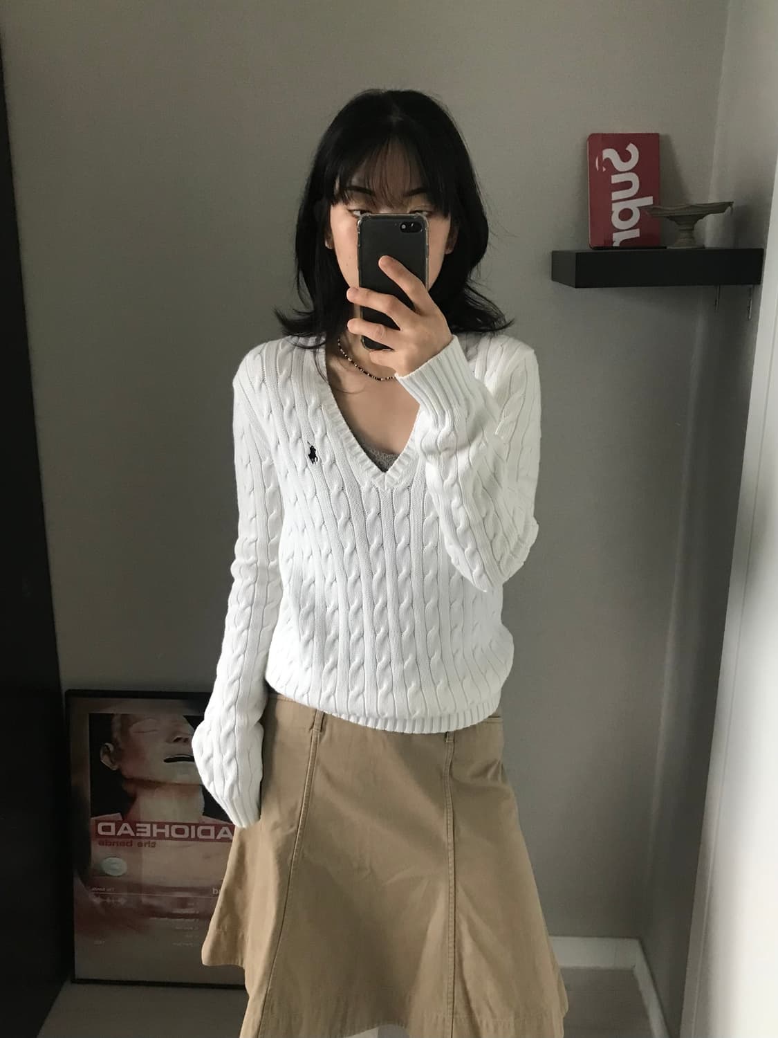 폴로 랄프로렌 포니 로고 화이트 브이넥 케이블 니트 상품이미지1