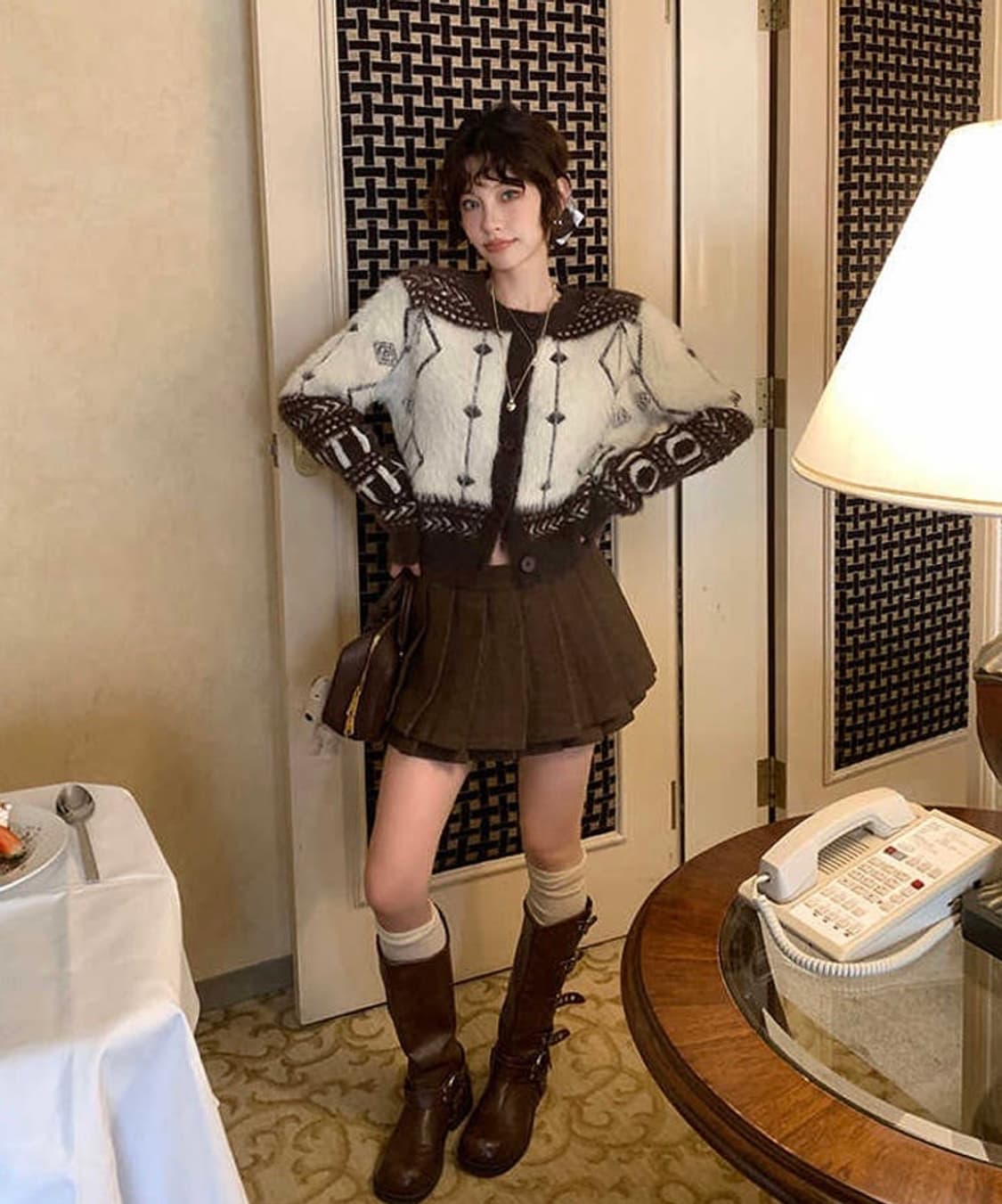 DULA 울 브라운 더블 플리츠 미니스커트 상품이미지1