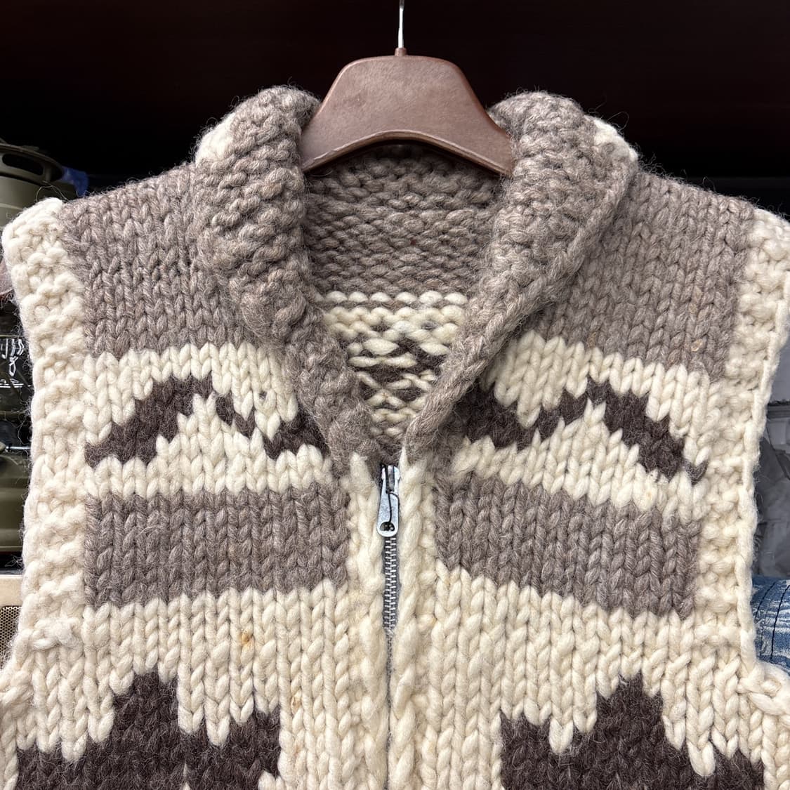 80s YKK 지퍼 단풍 썬더버드 패턴 헤비울 코위찬 베스트 N105 상품이미지3