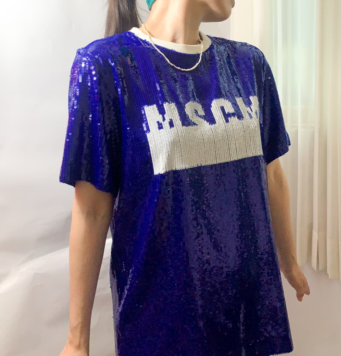 MSGM 블루 시퀸 스팽글 여성 반팔 티셔츠 S사이즈 상품이미지3