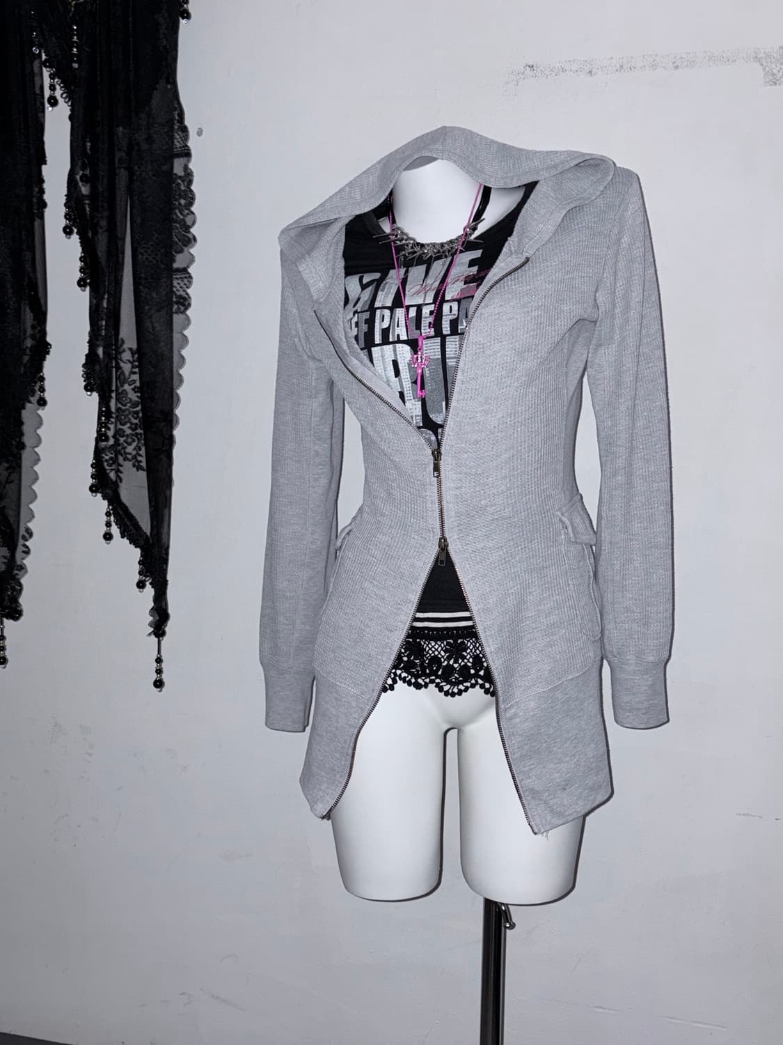 00s 시부야 레터링 무채색 갸루 3pcs (그레이/핫핑크/스트라이프) 상품이미지1