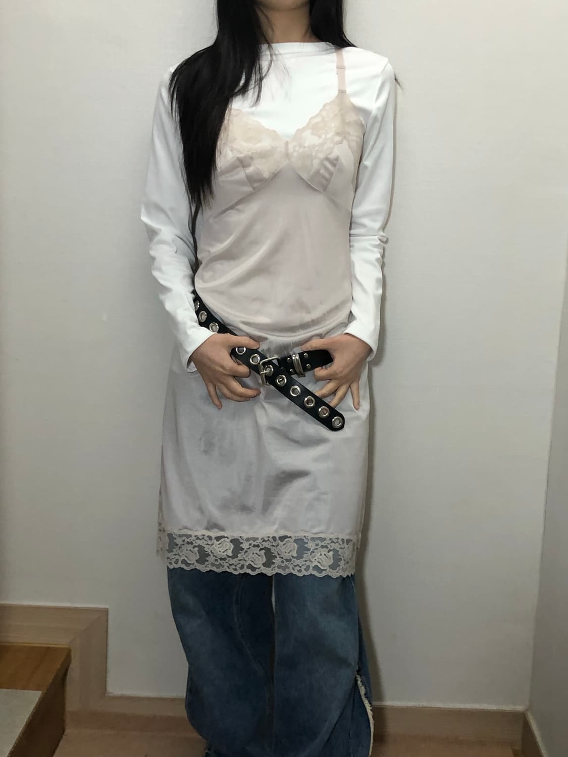 빈티지 라이트그레이 프릴 슬립 원피스 상품이미지1