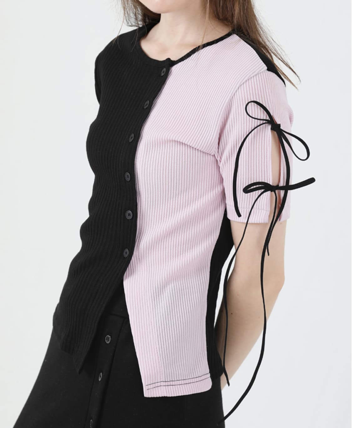 까트린 트임 리본 배색 반팔 티셔츠 상품이미지4