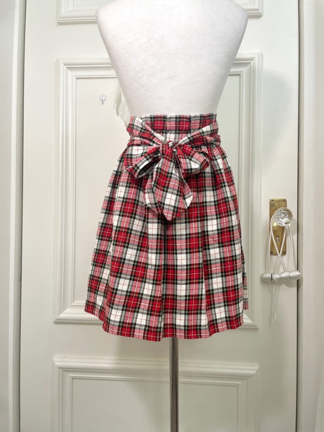 red check button back bow midi skirt 상품이미지4