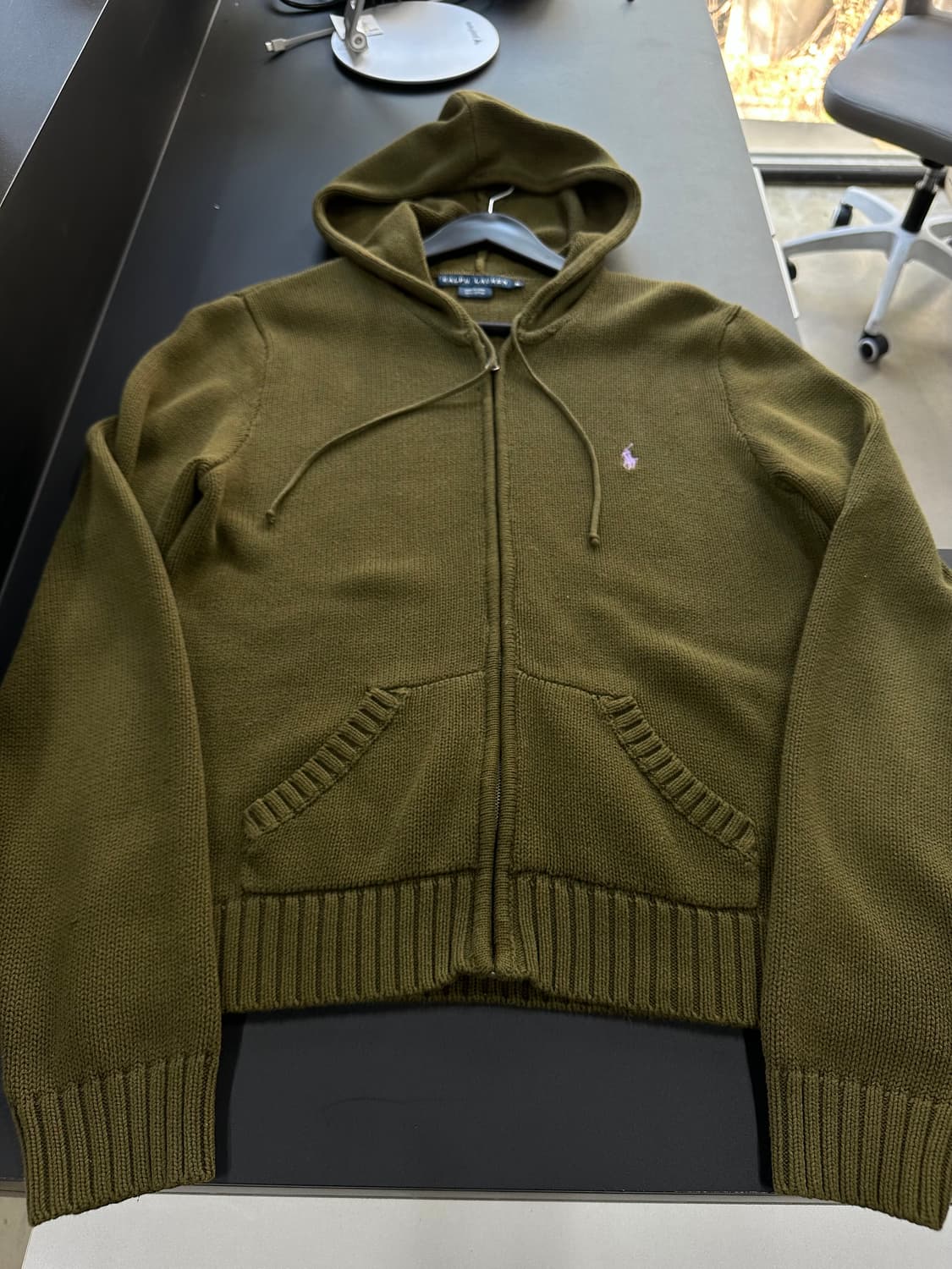 폴로 포니 코튼 루즈 후드니트집업 카키 상품이미지4