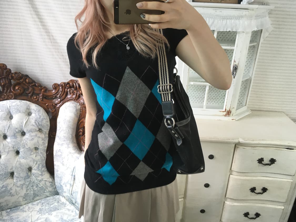 Set)아가일 니트 + 레이스 나시 상품이미지3