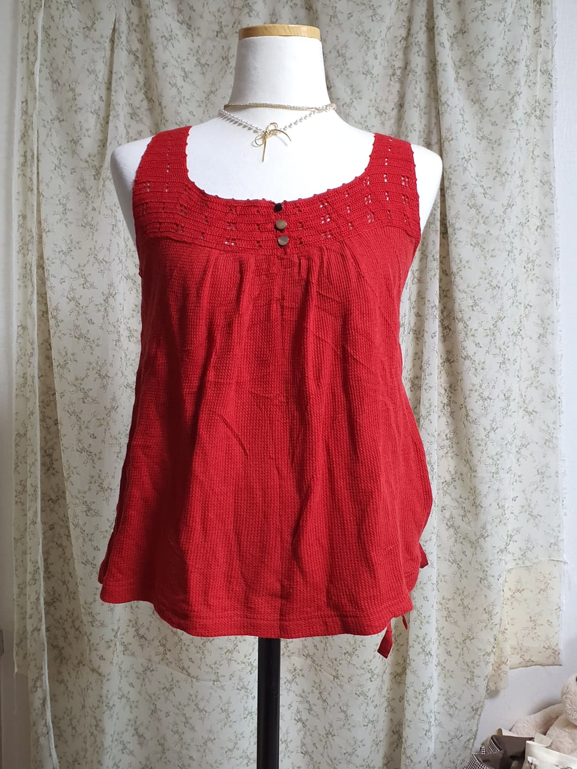 [일본빈티지] 모리걸 레드 브이넥 민소매 블라우스 상품이미지2