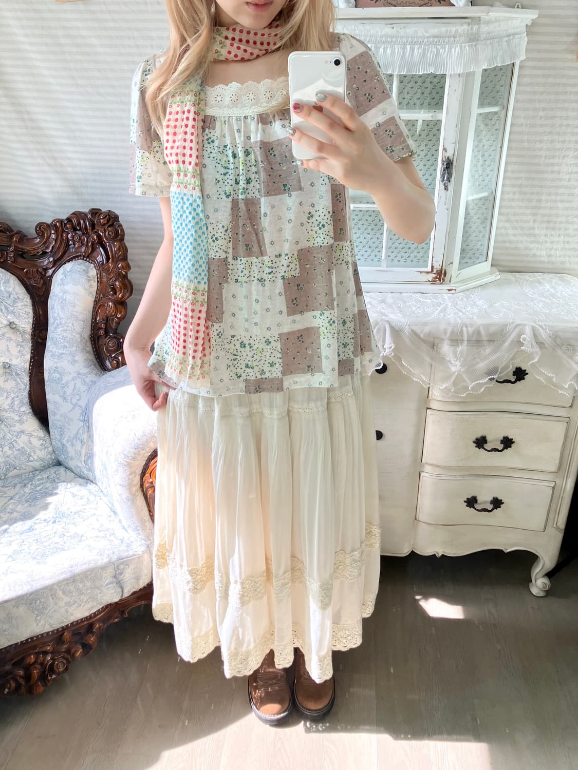 일본빈티지 패치워크 모리 잔꽃 레이스 펀칭 린넨 반팔 상품이미지4