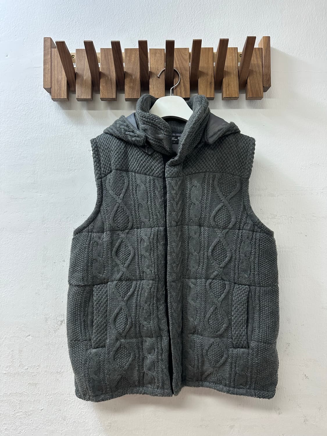 일본빈티지 케이블 니트 패딩 포켓 후드 베스트 상품이미지1