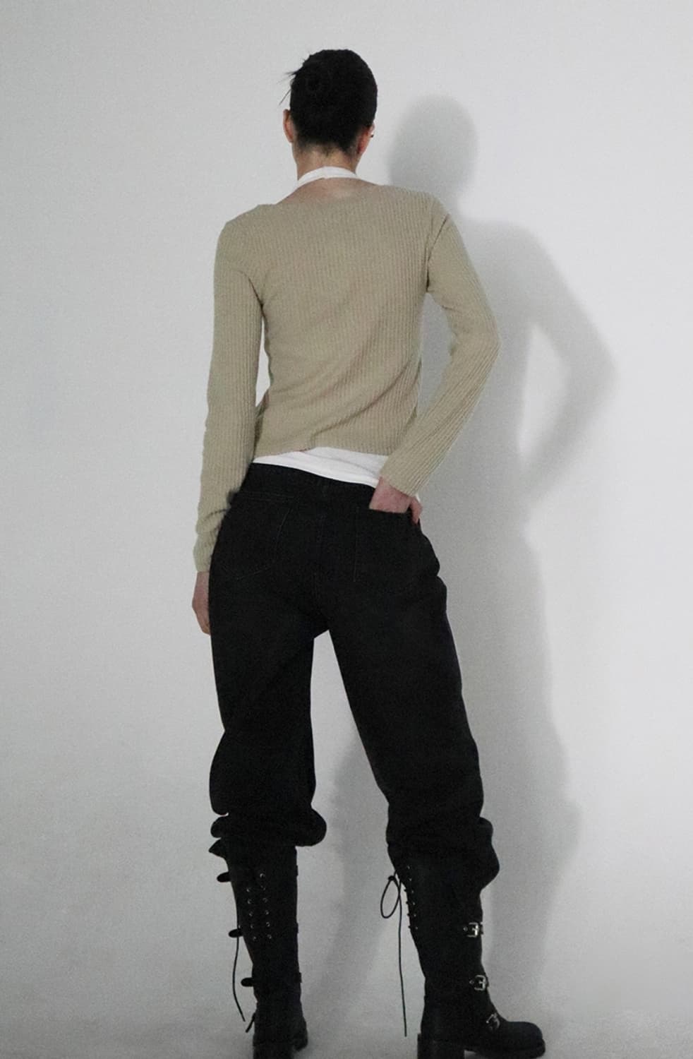 칙스 컴팩트 니트 가디건 베이지 골지 스웨터 chicks 상품이미지3