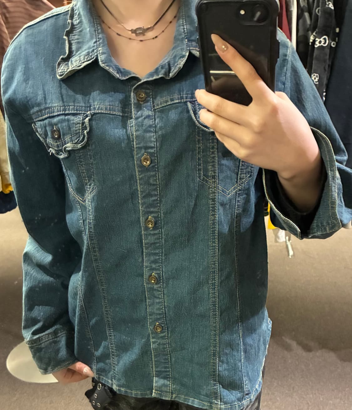 3L)Japanese vintage 여성 프릴 디테일 데님 셔츠 상품이미지3