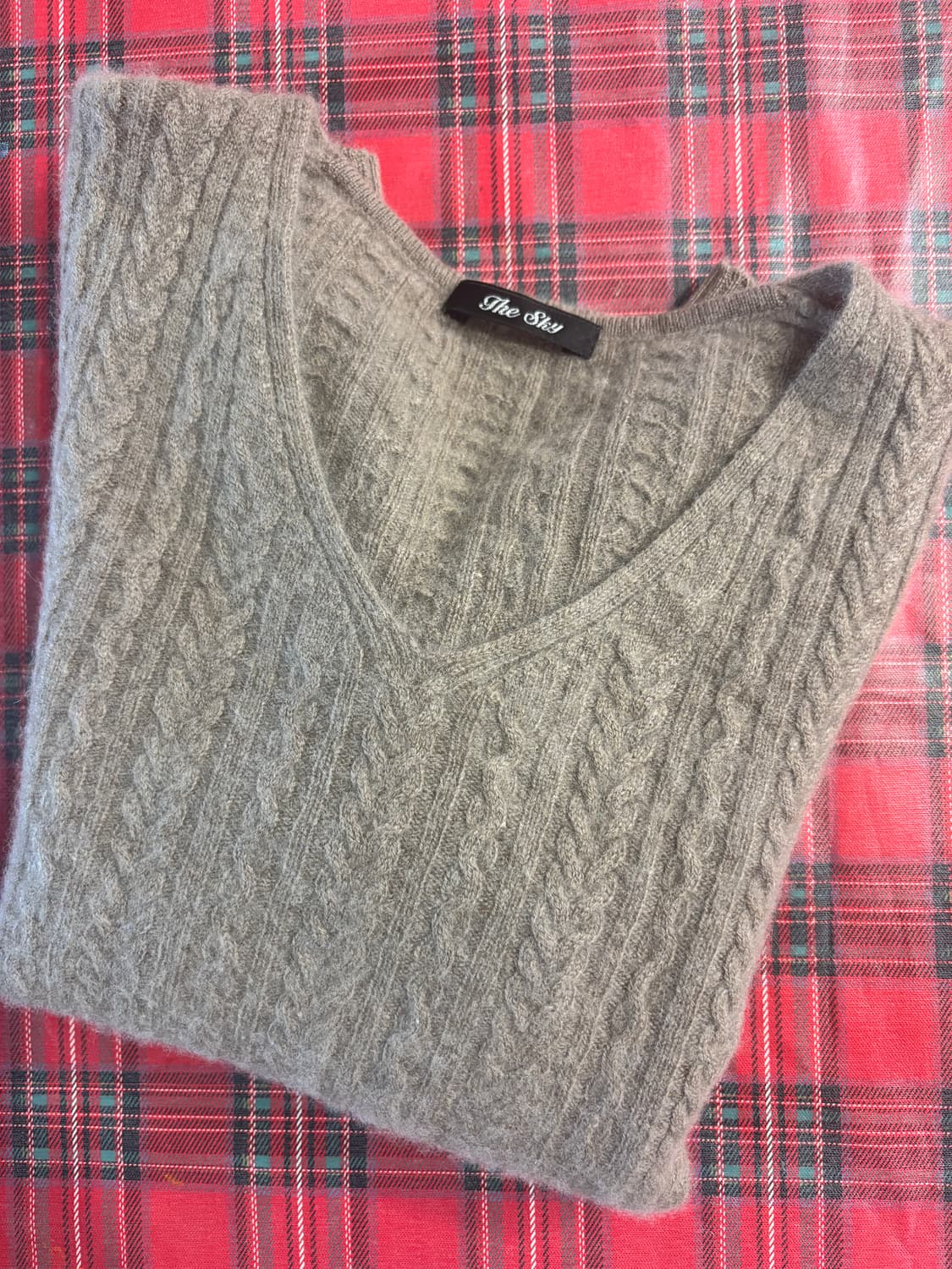 빈티지_브이넥 케이블 니트 브라운 캐시미어100 상품이미지4