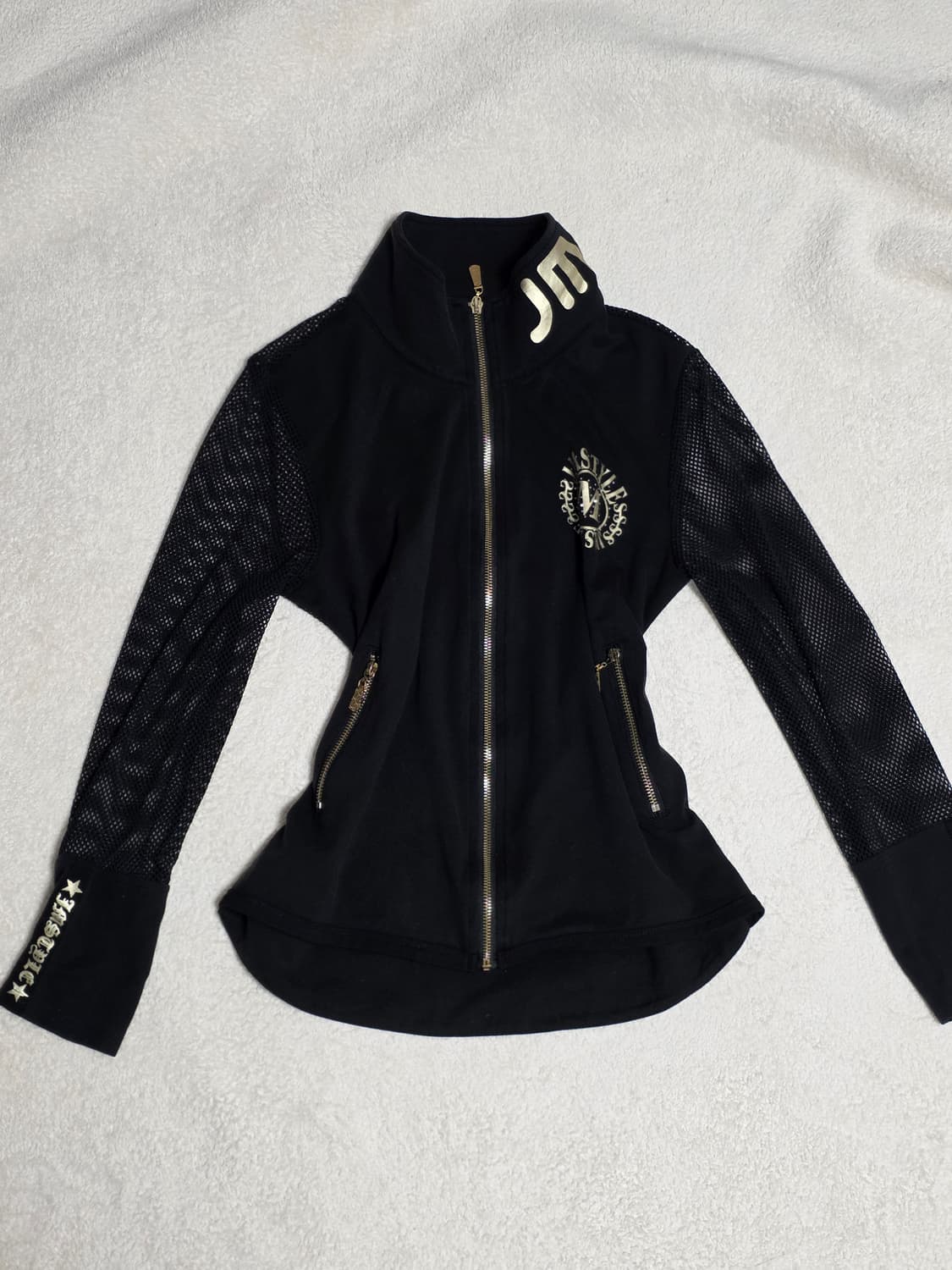 블랙 메쉬 소매 집업 자켓 펑크 시스루 고스 금장레터링 큐빅 상품이미지1
