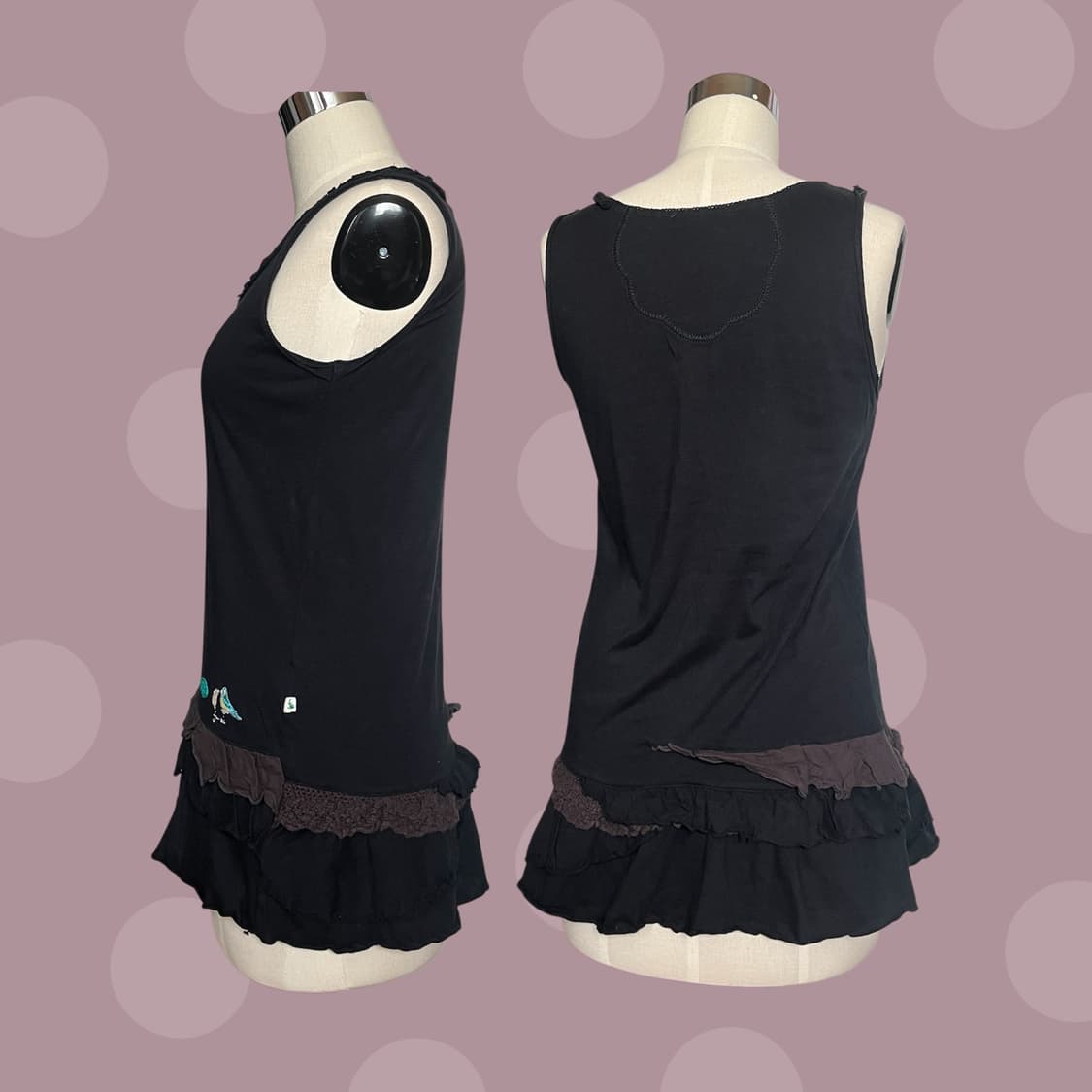 빈티지 모리걸 블랙&브라운 러플 슬리브리스 원피스 상품이미지3