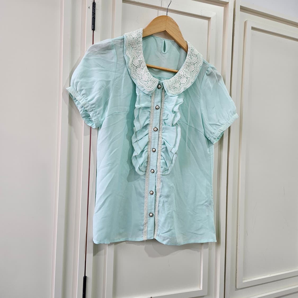 민트 레이스 반팔 블라우스 상품이미지3