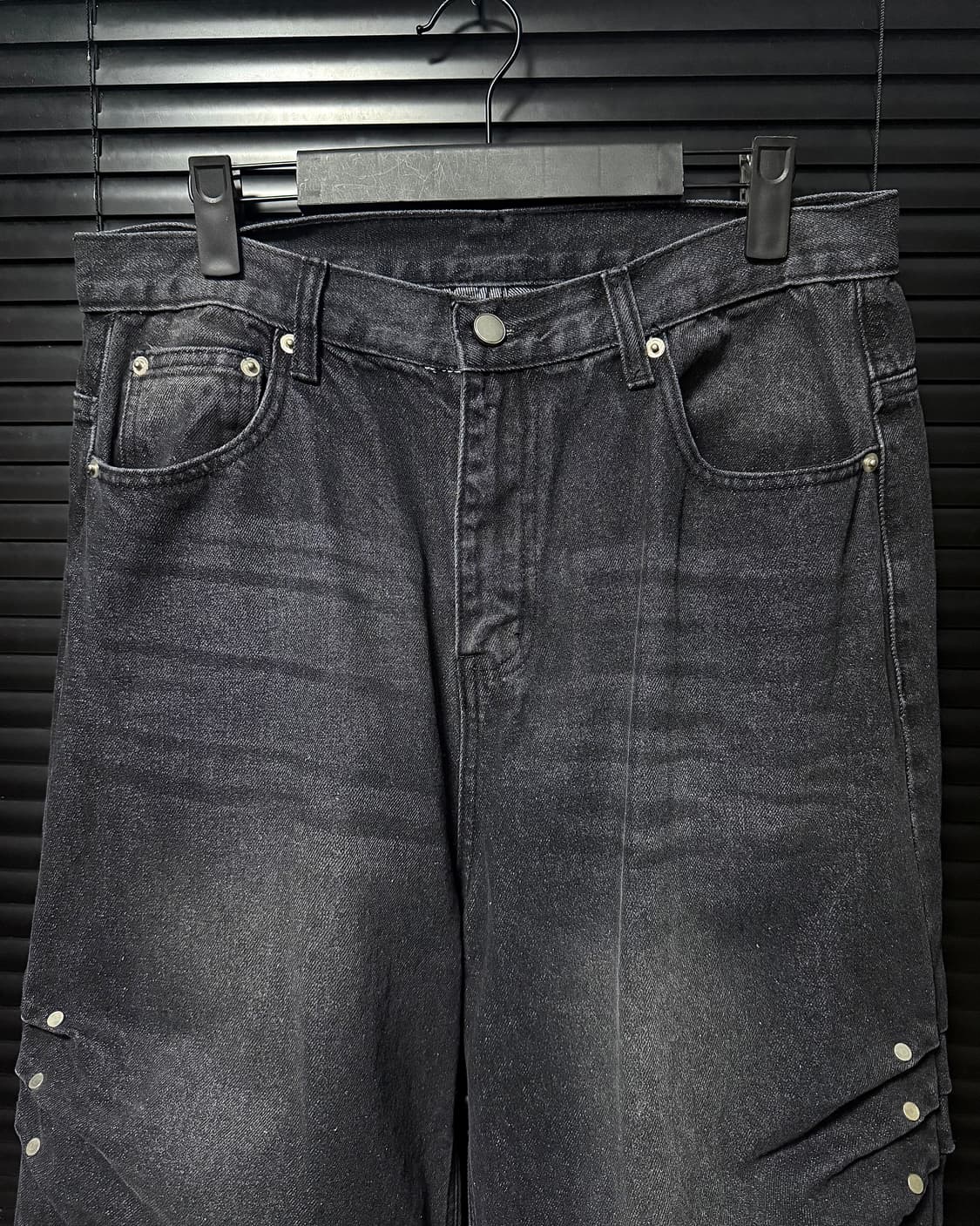 리벳 와이드 흑청 워싱 데님 와이드 팬츠 벌룬핏 스트릿 고스 펑크 락 춤 상품이미지3