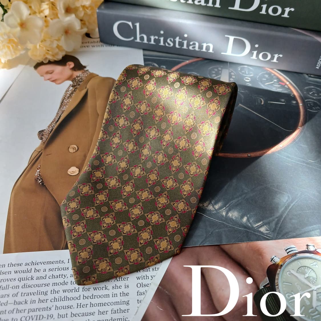 디올 실크 카키브라운 패턴 넥타이 9.5cm A+등급 A19331
 상품이미지3