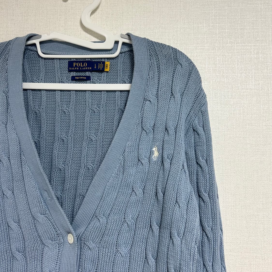 폴로 랄프로렌 신형 큐알 브이넥 꽈배기 니트 가디건 스카이블루 소라 L 상품이미지5
