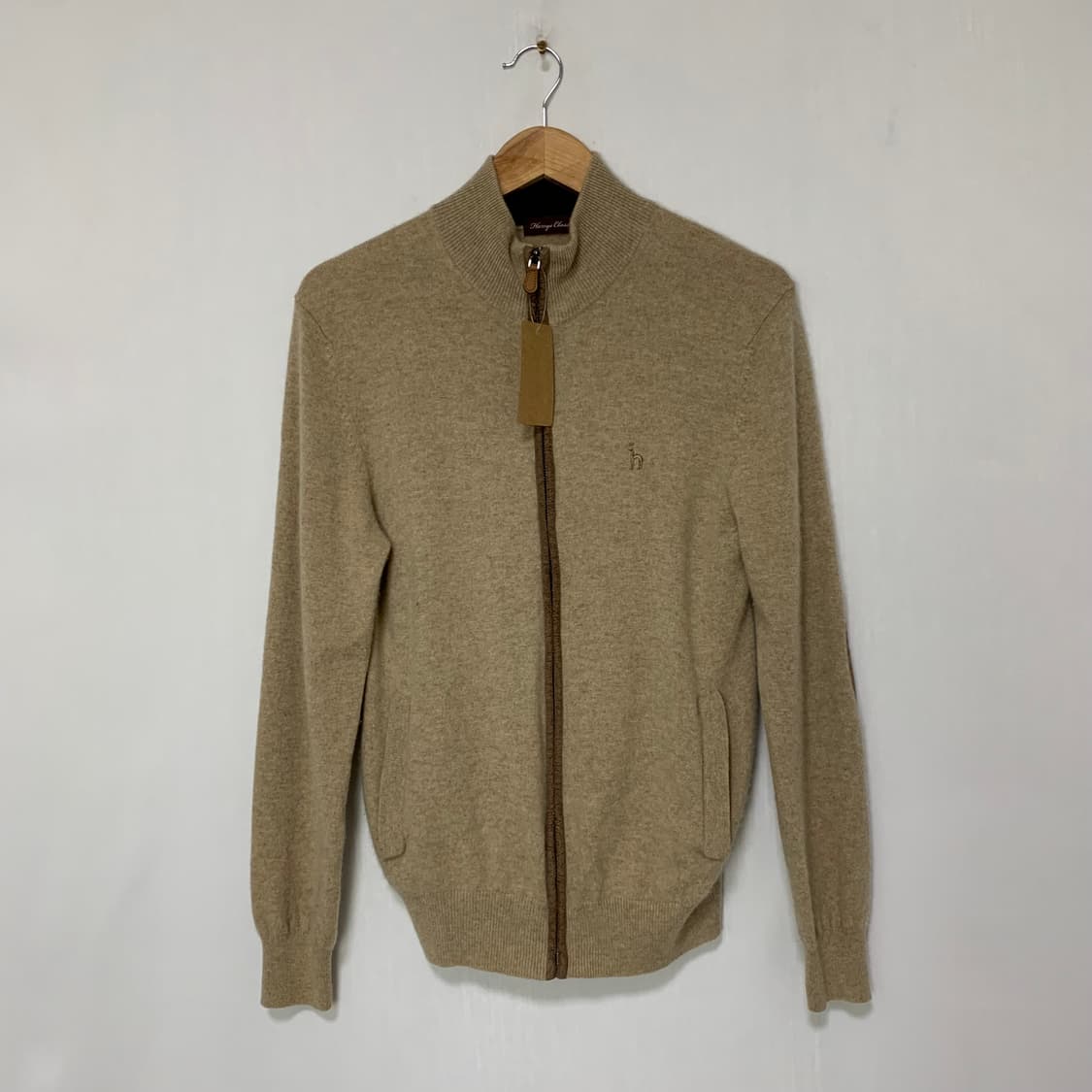 헤지스 빈티지 캐시미어 팔꿈치 패치 니트 집업 가디건 베이지 상품이미지1