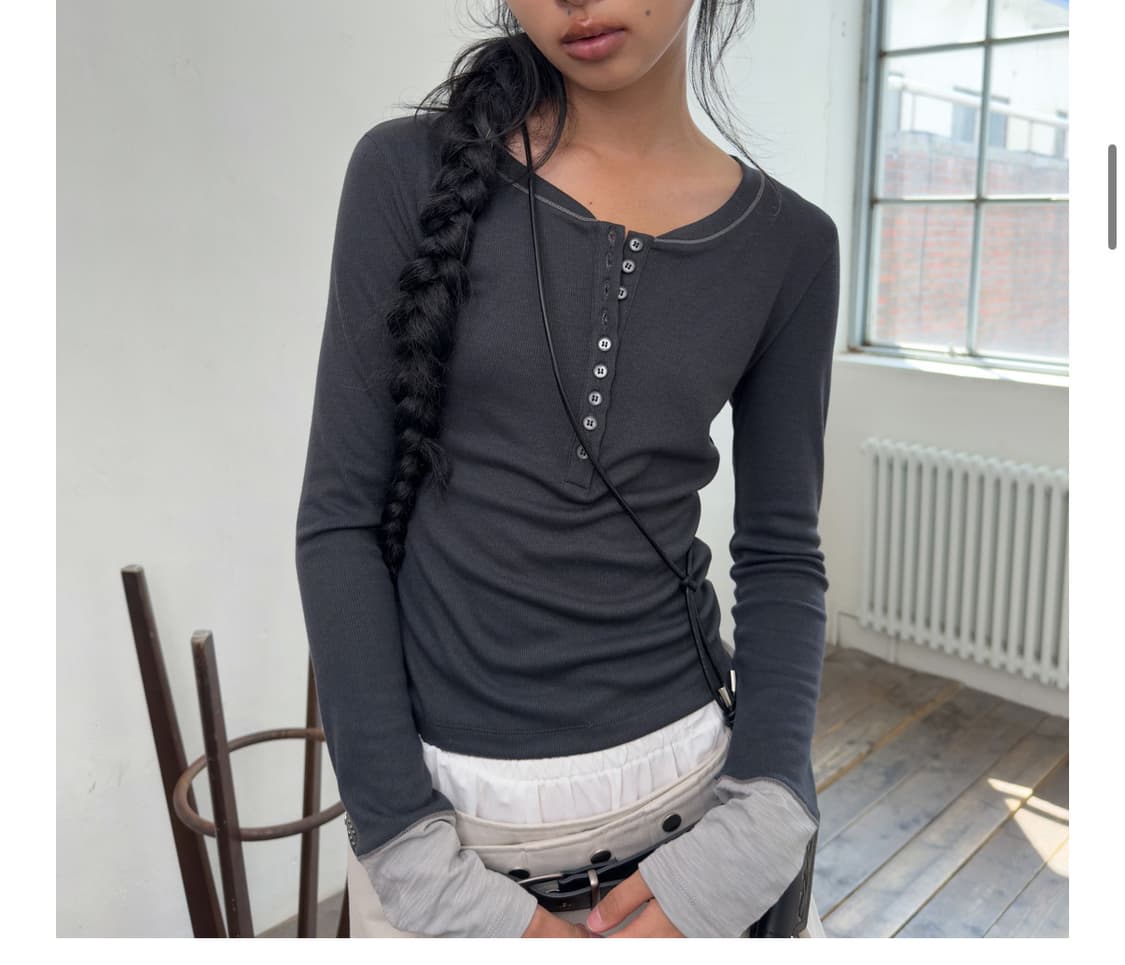 포르테나 롱슬리브 판매 긴팔 티셔츠 믹스 버튼 포인트 차콜 상품이미지1