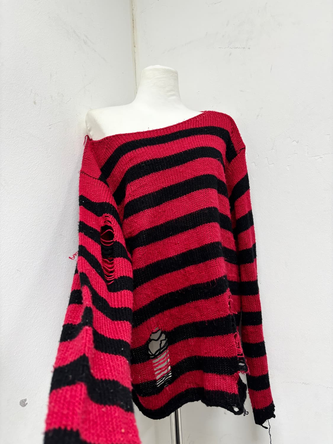 “Vintage” Punk Red Stripe Damaged Knit S 상품이미지5