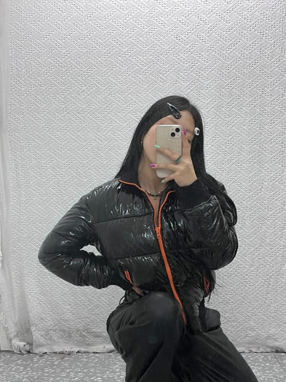 갭 Y2K 유니크 유광 오렌지블랙 패딩 S C07013 상품이미지1