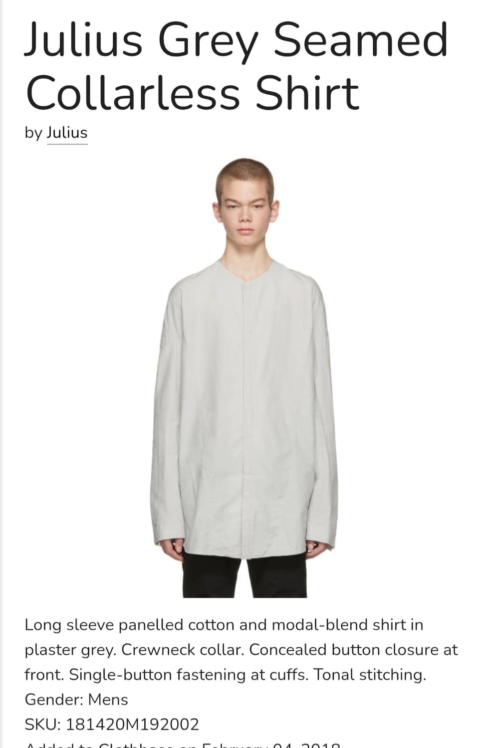 julius 2018 ps Seamed Collarless Shirt 상품이미지1