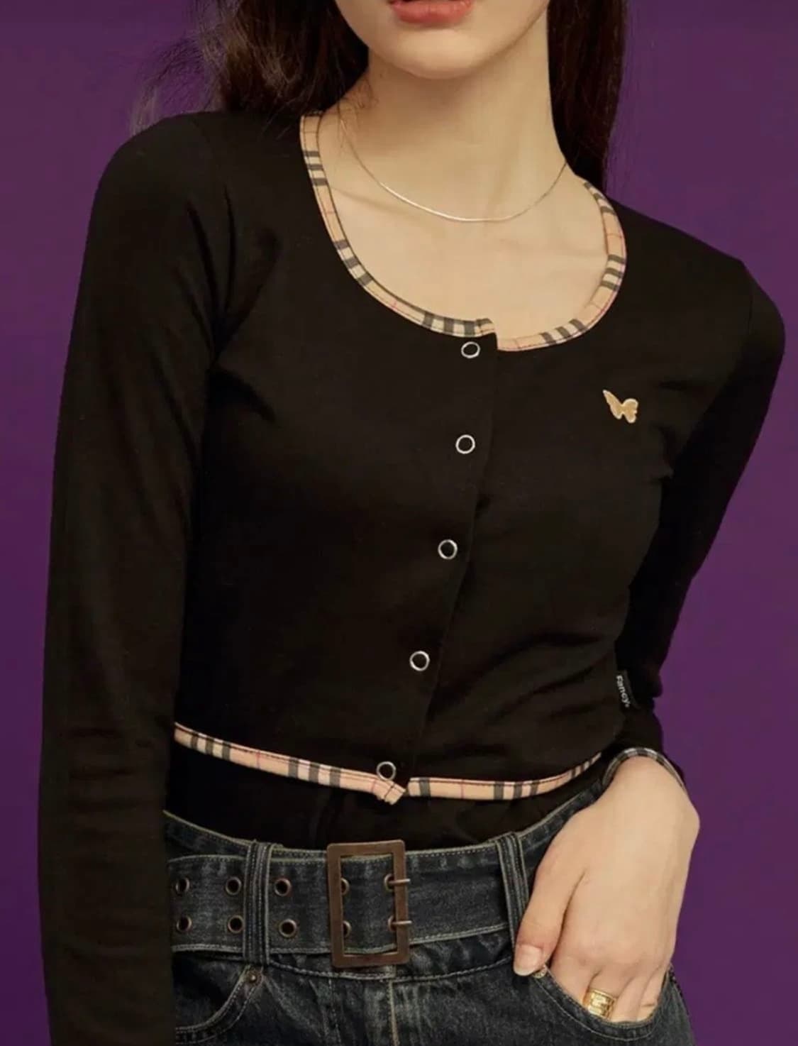 팬시클럽 블랙 체크라인 크롭 가디건 상품이미지1