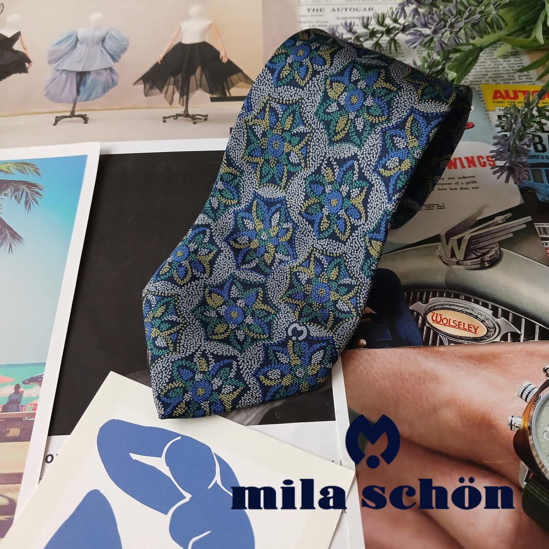 밀라숀 실크 블루 플로럴 패턴 넥타이 8.7cm A+등급 A19879 상품이미지1