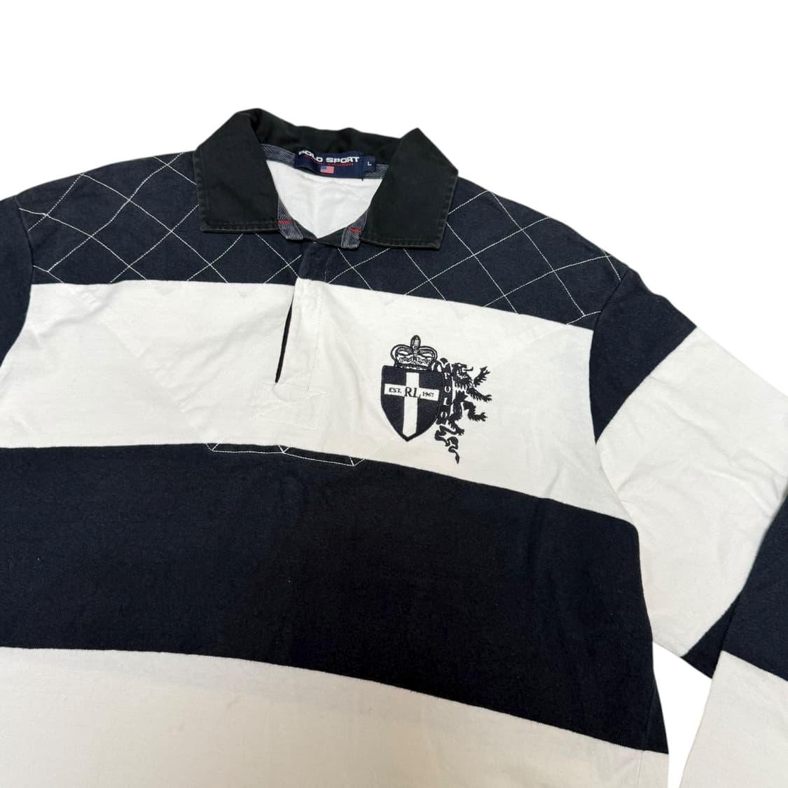 90‘s 폴로 스포츠 블랙 화이트 단가라 럭비티셔츠 상품이미지4